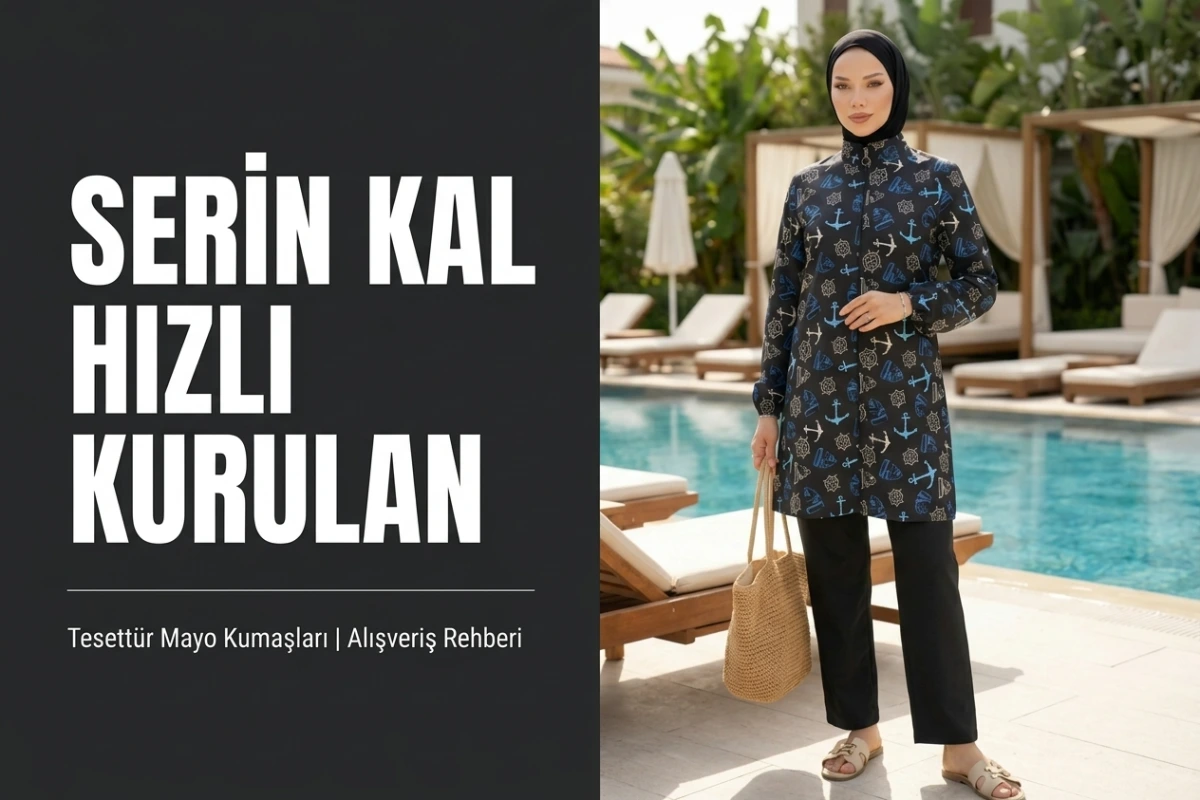 Deniz kenarında şık ve mütevazı bir kadın, terletmeyen hızlı kuruyan tesettür mayo kumaşı seçimi hakkında bilgi alıyor.