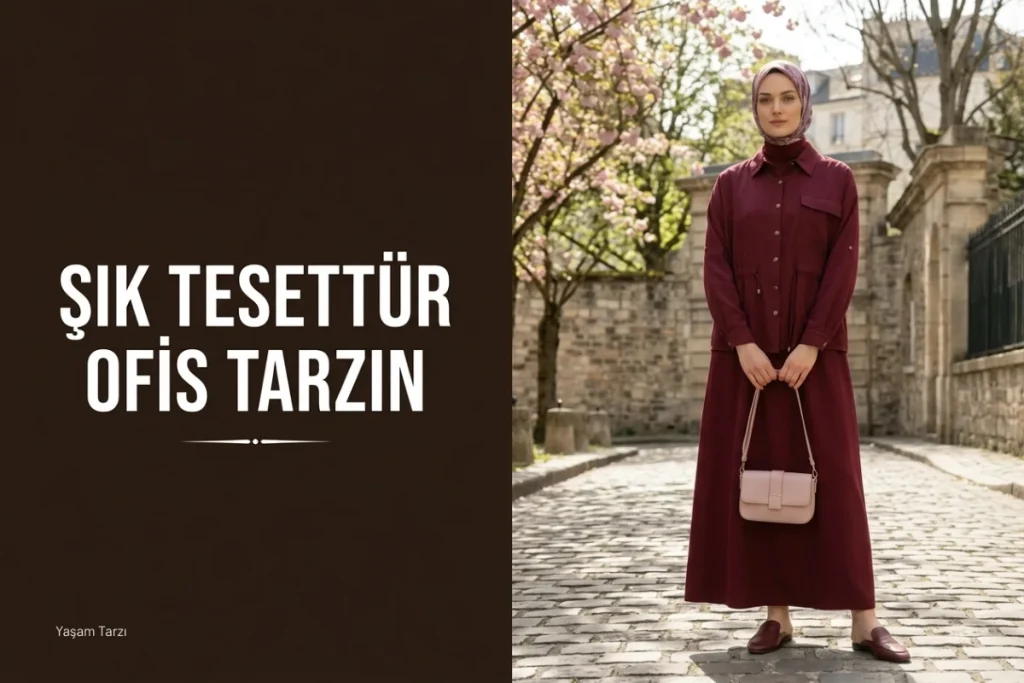 Ofiste şık tesettür giyim için ilham veren, modern bir çalışan kadının profesyonel ve konforlu ofis kombinleri.